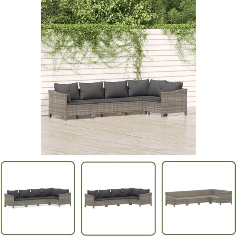 The Living Store Salon de jardin 5 pcs avec coussins Gris Résine tressée - Salon De Jardin - Mobilier De Jardin - Ensemble Salon Extérieur - Meubles De Jardin - Set Salon
