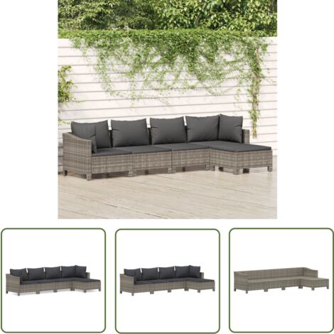 The Living Store Salon de jardin 5 pcs avec coussins Gris Résine tressée - Salon De Jardin - Mobilier De Jardin - Ensemble Salon Extérieur - Meubles De Jardin - Set Salon