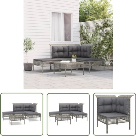 The Living Store Salon de jardin 5 pcs avec coussins Gris Résine tressée - Salon De Jardin - Mobilier De Jardin - Set De Salon De Jardin - Meubles De Jardin - Chaise De Jardin