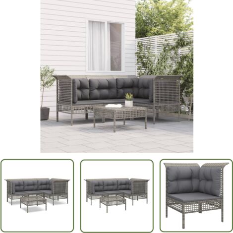 The Living Store Salon de jardin 5 pcs avec coussins Gris Résine tressée - Salon De Jardin - Mobilier De Jardin - Set De Salon De Jardin - Meubles De Jardin - Chaise De Jardin