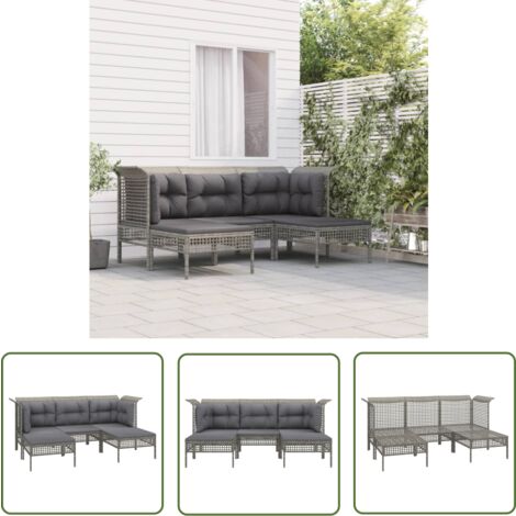 The Living Store Salon de jardin 5 pcs avec coussins Gris Résine tressée - Salon De Jardin - Mobilier De Jardin - Set De Salon De Jardin - Meubles De Jardin - Chaise Lounge