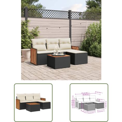 The Living Store Salon de jardin 5 pcs avec coussins noir résine tressée - Ensemble Salon De Jardin - Meuble Extérieur - Jardin Design - Mobilier De Jardin - Chaise Lounge