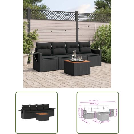 The Living Store Salon de jardin 5 pcs avec coussins noir résine tressée - Ensemble Salon De Jardin - Meuble Extérieur - Résine Tressée - Rotin Synthétique - Fauteuil Jardin