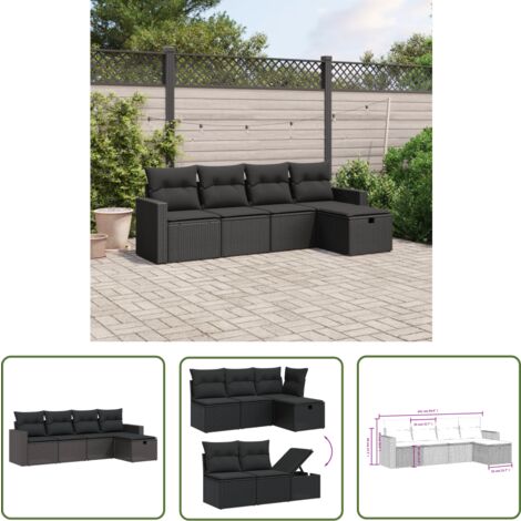 The Living Store Salon de jardin 5 pcs avec coussins noir résine tressée - Ensemble Salon De Jardin - Mobilier De Jardin - Canapé Extérieur - Chaise Longue - Set Salon De Jardin