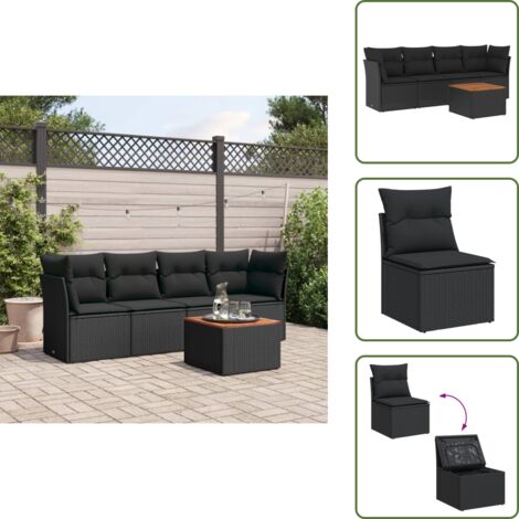 The Living Store Salon de jardin 5 pcs avec coussins noir résine tressée - Ensemble Salon De Jardin - Mobilier De Jardin - Canapé Extérieur - Table Basse Jardin - Chaise Lounge