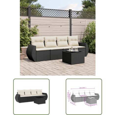 The Living Store Salon de jardin 5 pcs avec coussins noir résine tressée - Ensemble Salon De Jardin - Mobilier De Jardin - Canapé Jardin - Set Salon Exterieur - Chaise Jardin