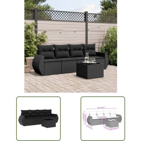 The Living Store Salon de jardin 5 pcs avec coussins noir résine tressée - Ensemble Salon De Jardin - Mobilier De Jardin - Canapé Jardin - Set Salon Exterieur - Chaise Lounge