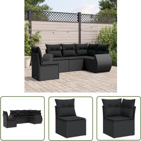 The Living Store Salon de jardin 5 pcs avec coussins noir résine tressée - Ensemble Salon De Jardin - Mobilier Extérieur - Canapé Jardin - Chaise Lounge - Table Basse