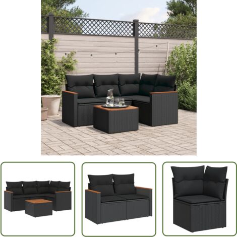 The Living Store Salon de jardin 5 pcs avec coussins noir résine tressée - Ensemble Salon De Jardin - Mobilier Extérieur - Canapé Jardin - Table Jardin - Chaise Lounge