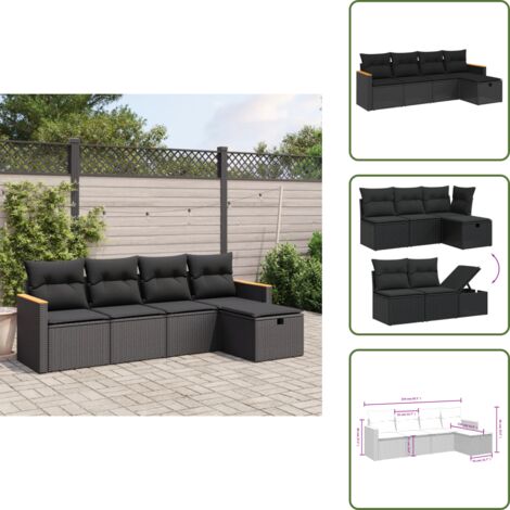 The Living Store Salon de jardin 5 pcs avec coussins noir résine tressée - Ensemble Salon De Jardin - Salon De Jardin Extérieur - Mobilier De Jardin - Canapé Jardin - Chaise Lounge