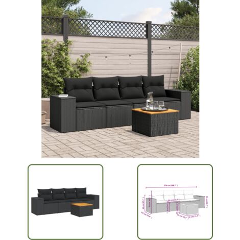 The Living Store Salon de jardin 5 pcs avec coussins noir résine tressée - Salon De Jardin - Meuble De Jardin - Set Salon Extérieur - Résine Tressée - Mobilier D'extérieur