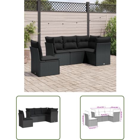 The Living Store Salon de jardin 5 pcs avec coussins noir résine tressée - Salon De Jardin - Mobilier De Jardin - Canapé Extérieur - Ensemble Salon De Jardin - Résine Tressée