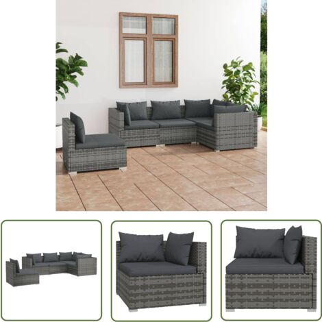 The Living Store Salon de jardin 5 pcs avec coussins Résine tressée Gris - Salon De Jardin - Ensemble De Canapés - Meuble De Jardin - Mobilier De Jardin - Terrasse