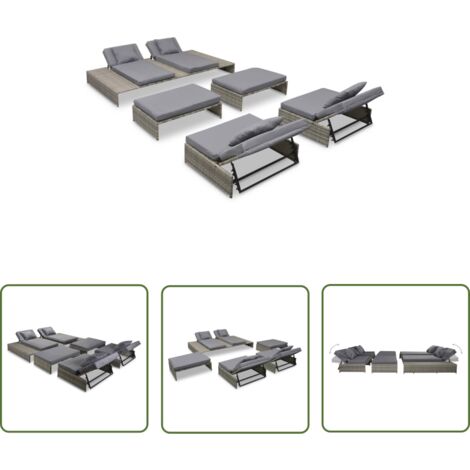 The Living Store Salon de jardin 5 pcs avec coussins Résine tressée Gris - Salon De Jardin - Meubles De Jardin - Set De Salon Extérieur - Chaise Longue - Canapé D'extérieur