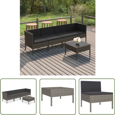 The Living Store Salon de jardin 5 pcs avec coussins résine tressée gris - Salon De Jardin - Mobilier De Jardin - Set De Jardin - Meubles D'extérieurs - Salon D'extérieur