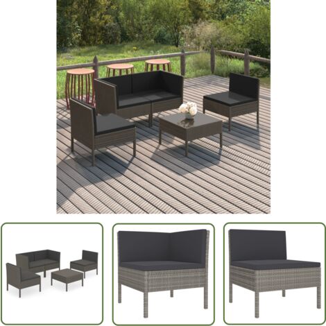 The Living Store Salon de jardin 5 pcs avec coussins résine tressée gris - Salon De Jardin - Mobilier De Jardin - Set De Jardin - Meubles D'extérieurs - Terrasse