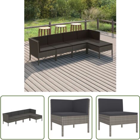The Living Store Salon de jardin 5 pcs avec coussins résine tressée gris - Salon De Jardin - Mobilier De Jardin - Set De Salon De Jardin - Résine Tressée - Acier Enduit De Poudre