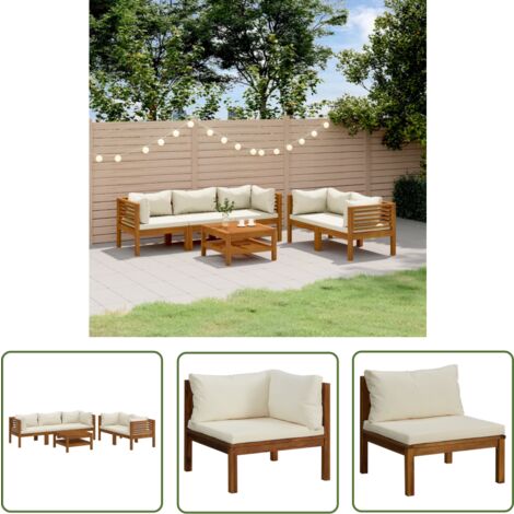 The Living Store Salon de jardin 6 pcs avec coussin crème Bois d'acacia solide - Mobilier De Jardin - Salon De Jardin - Set De Salon - Meubles De Jardin - Acacia