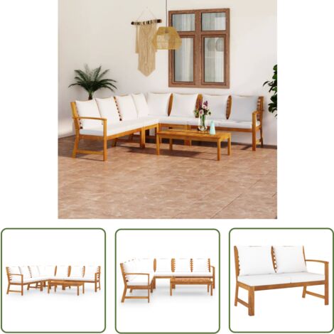 The Living Store Salon de jardin 6 pcs avec coussin Crème Bois d'acacia solide - Salon De Jardin - Meubles De Jardin - Mobilier De Jardin - Set De Salon De Jardin - Acacia