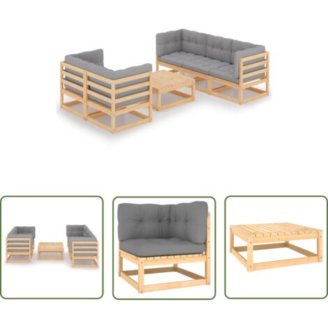 The Living Store Salon de jardin 6 pcs avec coussins Bois de pin massif - Salon De Jardin - Mobilier De Jardin - Ensemble De Salon - Meubles De Jardin - Bois De Pin