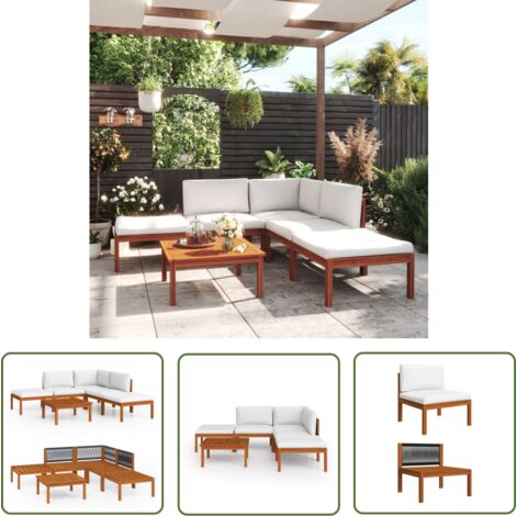 The Living Store Salon de jardin 6 pcs avec coussins Crème Bois d'acacia solide - Salon De Jardin - Meuble De Jardin - Ensemble De Salon - Mobilier De Jardin - Acacia