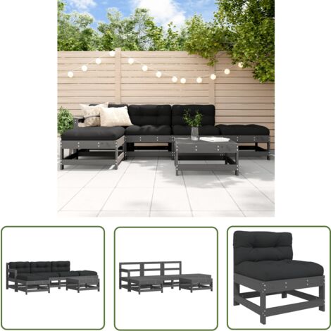 The Living Store Salon de jardin 6 pcs avec coussins gris bois massif - Salon De Jardin - Mobilier De Jardin - Ensemble Salon - Meubles De Jardin - Bois Massif