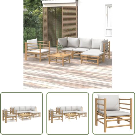 The Living Store Salon de jardin 6 pcs avec coussins gris clair bambou - Salon De Jardin - Mobilier De Jardin - Ensemble De Salon - Meubles De Jardin - Bambou