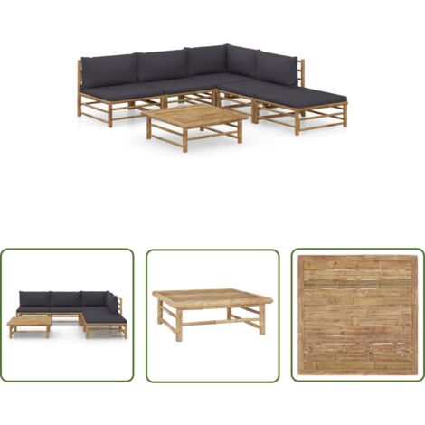 The Living Store Salon de jardin 6 pcs avec coussins gris foncé bambou - Salon De Jardin - Mobilier De Jardin - Set De Salon - Bamboo Furniture - Chaise Longue