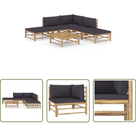 The Living Store Salon de jardin 6 pcs avec coussins gris foncé bambou - Salon De Jardin - Mobilier De Jardin - Set De Salon - Meubles De Jardin - Bambou