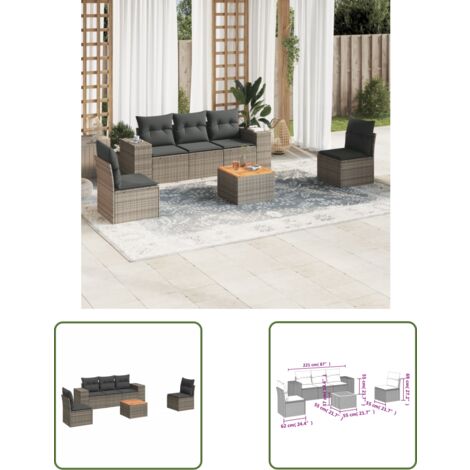 The Living Store Salon de jardin 6 pcs avec coussins gris résine tressée - Ensemble Salon De Jardin - Meuble Extérieur - Résine Tressée - Rotin Synthétique - Fauteuil Jardin