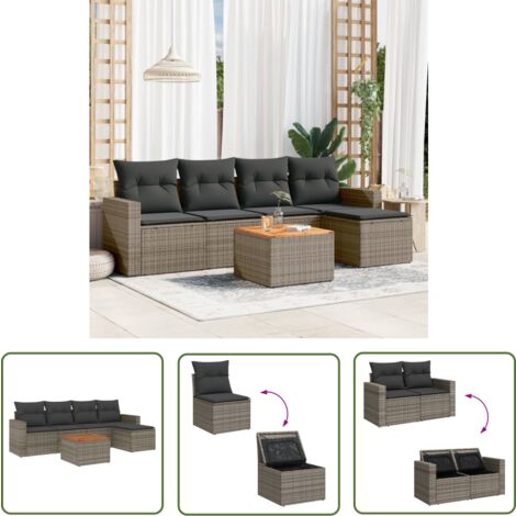 The Living Store Salon de jardin 6 pcs avec coussins gris résine tressée - Ensemble Salon De Jardin - Mobilier De Jardin - Canapé Extérieur - Set De Jardin - Chaise Lounge