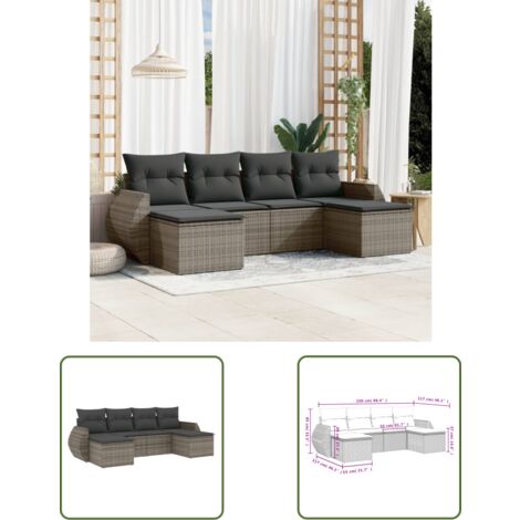 The Living Store Salon de jardin 6 pcs avec coussins gris résine tressée - Ensemble Salon De Jardin - Mobilier De Jardin - Canapé Extérieur - Set De Jardin - Chaise Lounge