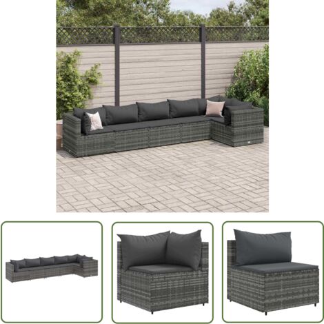 The Living Store Salon de jardin 6 pcs avec coussins Gris Résine tressée - Ensemble Salon De Jardin - Salon De Jardin Extérieur - Meuble De Jardin - Canapé D'angle - Canapé Extérieur