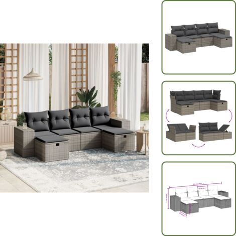 The Living Store Salon de jardin 6 pcs avec coussins gris résine tressée - Ensemble Salon De Jardin - Salon De Jardin Extérieur - Mobilier De Jardin - Canapé Jardin - Chaise Lounge
