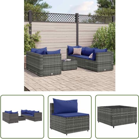 The Living Store Salon de jardin 6 pcs avec coussins Gris Résine tressée - Salon De Jardin - Meuble De Jardin - Set De Salon - Résine Tressée - Rotin Synthétique