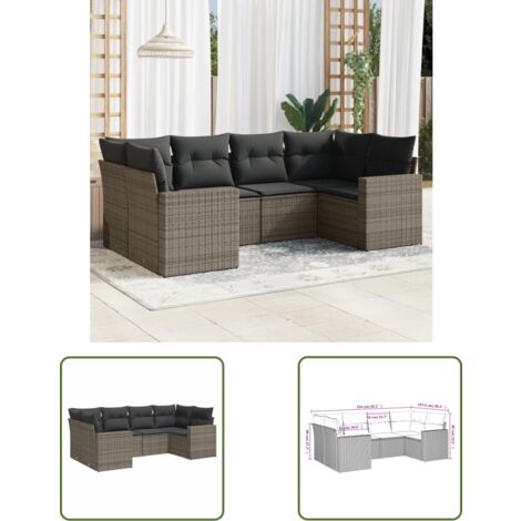 The Living Store Salon de jardin 6 pcs avec coussins gris résine tressée - Salon De Jardin - Meuble Extérieur - Salon D'extérieur - Set De Canapé - Résine Tressée