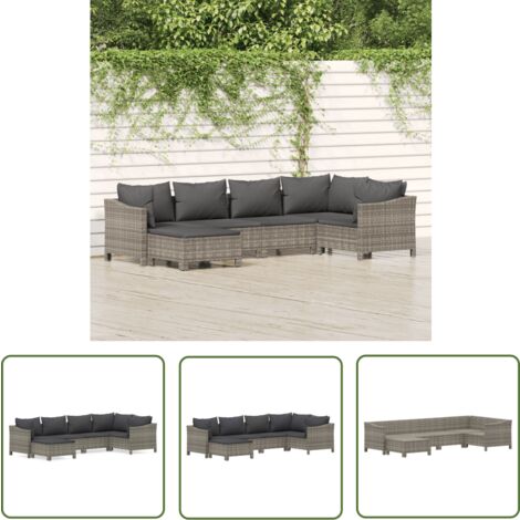 The Living Store Salon de jardin 6 pcs avec coussins Gris Résine tressée - Salon De Jardin - Mobilier De Jardin - Meubles De Jardin - Set De Salon Extérieur - Chaise Lounge