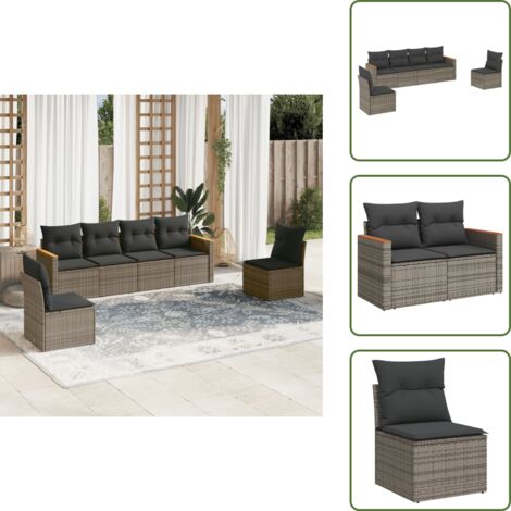 The Living Store Salon de jardin 6 pcs avec coussins gris résine tressée - Salon De Jardin - Mobilier De Jardin - Salon Extérieur - Ensemble De Canapés - Canapé D'extérieur