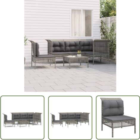 The Living Store Salon de jardin 6 pcs avec coussins Gris Résine tressée - Salon De Jardin - Mobilier De Jardin - Set De Salon De Jardin - Meubles De Jardin - Chaise De Jardin