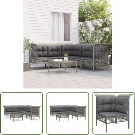 The Living Store Salon de jardin 6 pcs avec coussins Gris Résine tressée - Salon De Jardin - Mobilier De Jardin - Set De Salon De Jardin - Meubles De Jardin - Chaise De Jardin