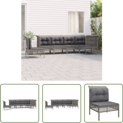 The Living Store Salon de jardin 6 pcs avec coussins Gris Résine tressée - Salon De Jardin - Mobilier De Jardin - Set De Salon De Jardin - Meubles De Jardin - Résine Tressée
