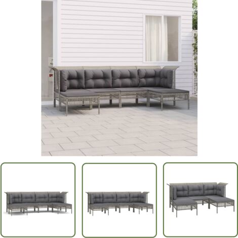 The Living Store Salon de jardin 6 pcs avec coussins Gris Résine tressée - Salon De Jardin - Mobilier De Jardin - Set De Salon - Meubles De Jardin - Ensemble De Salon De Jardin