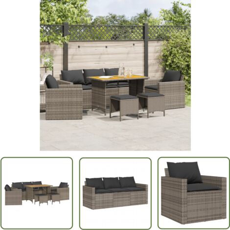 The Living Store Salon de jardin 6 pcs avec coussins gris résine tressée - Salon De Jardin - Mobilier Extérieur - Set Salon De Jardin - Résine Tressée - Rotin Synthétique