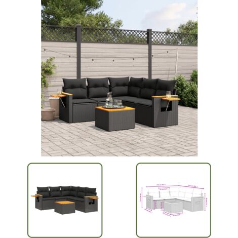 The Living Store Salon de jardin 6 pcs avec coussins noir résine tressée - Ensemble Salon De Jardin - Canapé Extérieur - Meuble De Jardin - Résine Tressée - Rotin Synthétique