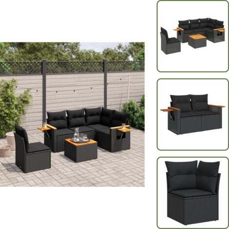 The Living Store Salon de jardin 6 pcs avec coussins noir résine tressée - Ensemble Salon De Jardin - Meuble Extérieur - Jardin Design - Mobilier De Jardin - Chaise Lounge