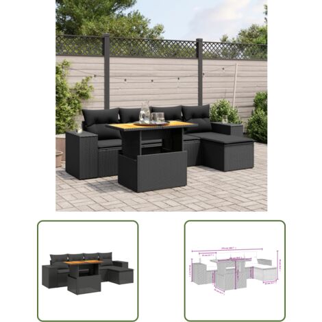 The Living Store Salon de jardin 6 pcs avec coussins noir résine tressée - Ensemble Salon De Jardin - Meuble Extérieur - Jardin Design - Mobilier De Jardin - Chaise Lounge