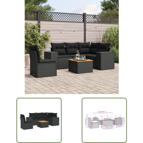 The Living Store Salon de jardin 6 pcs avec coussins noir résine tressée - Ensemble Salon De Jardin - Meuble Extérieur - Jardin Design - Mobilier De Jardin - Chaise Lounge