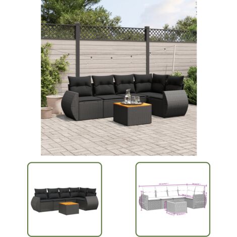 The Living Store Salon de jardin 6 pcs avec coussins noir résine tressée - Ensemble Salon De Jardin - Meuble Extérieur - Jardin - Mobilier De Jardin - Set Salon De Jardin