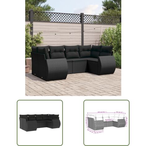 The Living Store Salon de jardin 6 pcs avec coussins noir résine tressée - Ensemble Salon De Jardin - Mobilier De Jardin - Canapé Extérieur - Set Salon - Chaise Longue