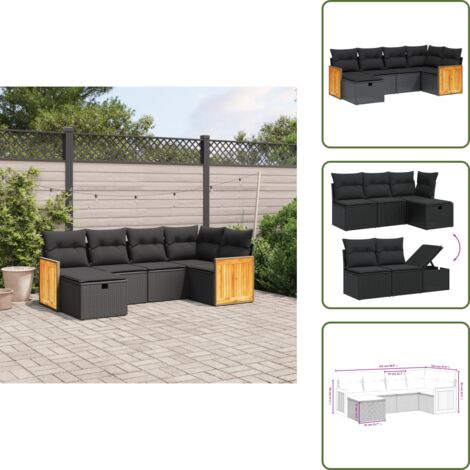 The Living Store Salon de jardin 6 pcs avec coussins noir résine tressée - Ensemble Salon De Jardin - Mobilier Extérieur - Canapé Jardin - Chaise Lounge - Set Salon Jardin